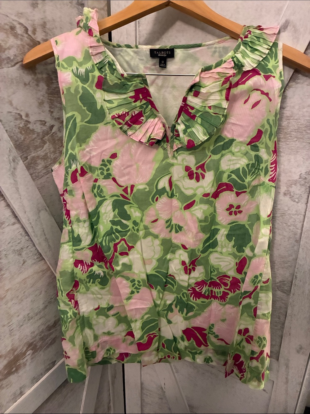 Talbots Pink & Green Floral Ruffle Neck Sleeveless Top